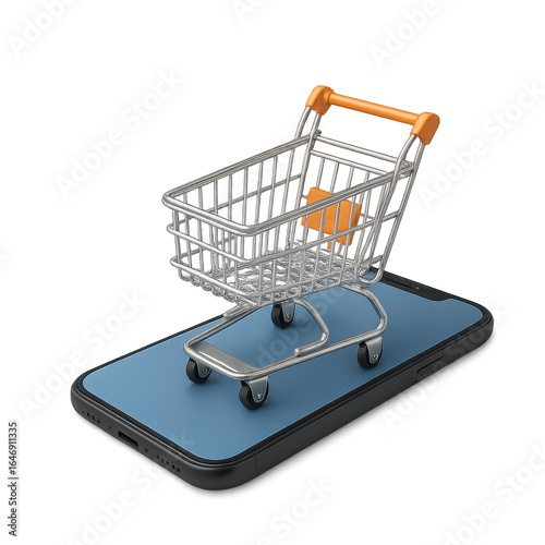 Photo of a miniature shopping cart placed on a smartphone screen, symbolizing online shopping and ecommerce, isolated on transparent background, representing modern retail and digital transactions
