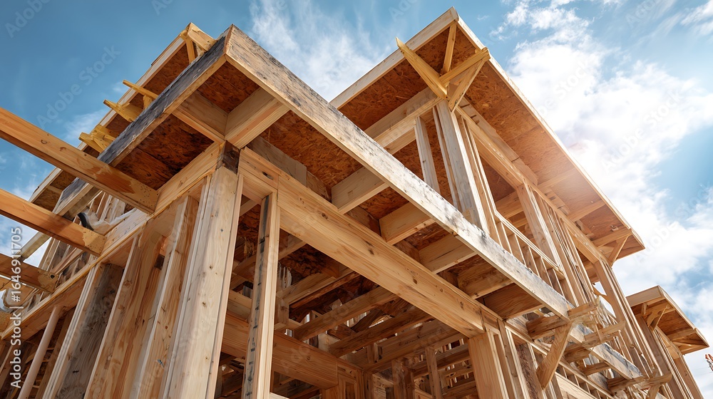 Obraz premium Framing a New House Construction with Wooden Frame and Blue Sky