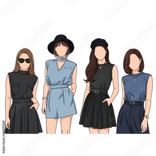 Four stylish, faceless women, each showcasing different fashion ensembles, posing.