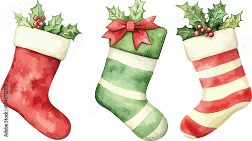 Watercolor Christmas stockings with holly berries and ribbon isolated on white