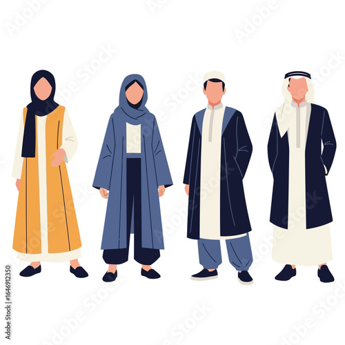 Illustration of four people wearing traditional Middle Eastern clothing, standing side-by-side.