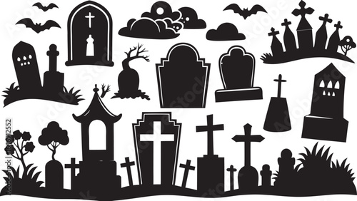 Silhouette Graveyard Scene with Tombstones Bats and Clouds for Halloween