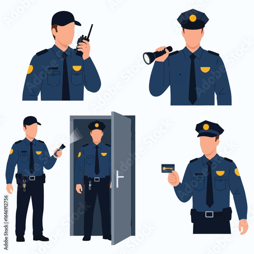 Security guard in various poses, holding equipment and ID.