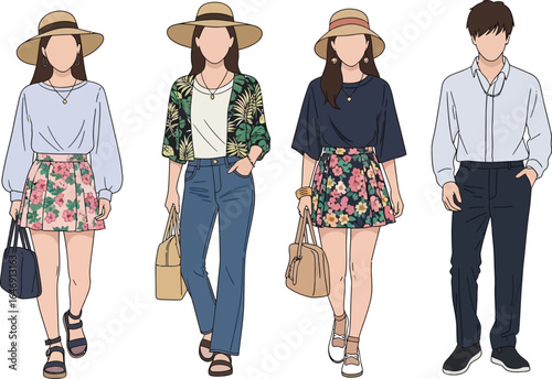 Fashionable individuals, stylish summer outfits, straw hats, bags, casual attire, depicted in minimalist illustrations.