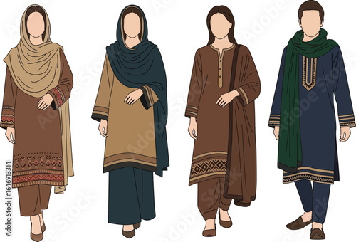 Four individuals elegantly modeled in traditional South Asian attire.