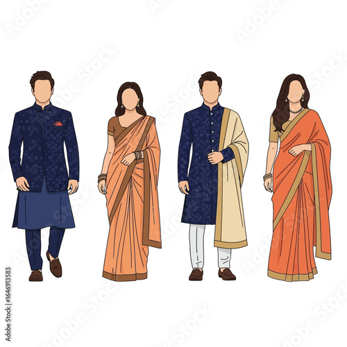 Illustrative depiction of four individuals in traditional Indian attire, showcasing fashion.