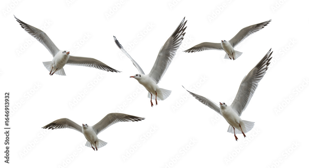 Naklejka premium Three to five elegant white and light grey seagulls with sharp black wingtips, soaring mid-flight on a pure transparent studio background, ultra-sharp focus, high-key lighting, concept of