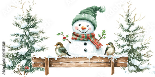 Watercolor Snowman with Birds and Christmas Trees on Wooden Fence