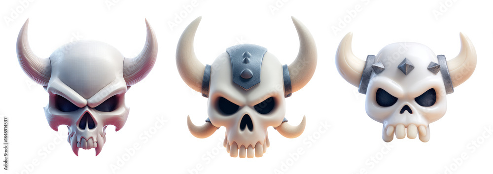 Fototapeta premium Three Unique Cartoon Skulls with Horns on Transparent Background
