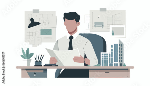 Flat Vector Illustration -  An architect holding architectural plans with a scale model building on the desk, no visible face, minimalist modern style, isolated on white background