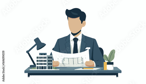 Flat Vector Illustration -  An architect holding architectural plans with a scale model building on the desk, no visible face, minimalist modern style, isolated on white background