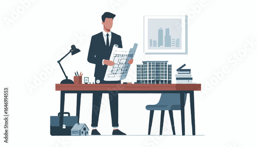 Flat Vector Illustration -  An architect holding architectural plans with a scale model building on the desk, no visible face, minimalist modern style, isolated on white background