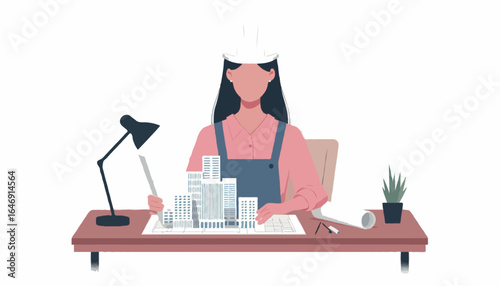 Flat Vector Illustration -  An architect holding architectural plans with a scale model building on the desk, no visible face, minimalist modern style, isolated on white background