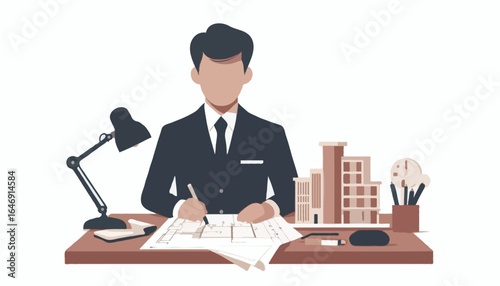 Flat Vector Illustration -  An architect holding architectural plans with a scale model building on the desk, no visible face, minimalist modern style, isolated on white background
