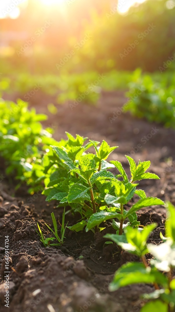 Obraz premium Freshly planted mint in rows