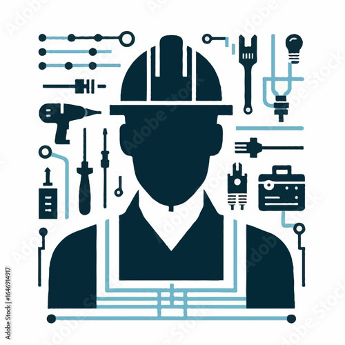 Flat Vector Illustration -  An electrical engineer with circuit diagrams, cables, and tools, no visible face, flat design, isolated on white background