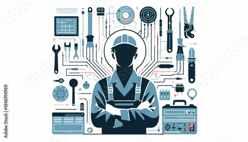 Flat Vector Illustration -  An electrical engineer with circuit diagrams, cables, and tools, no visible face, flat design, isolated on white background