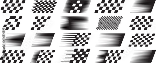 Collection of dynamic racing symbols, including checkered flags and motion lines, in black and white.