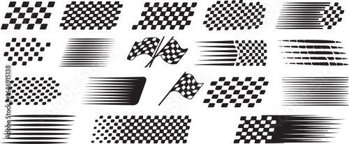 Set of checkered flags and motion blur patterns representing speed and racing action