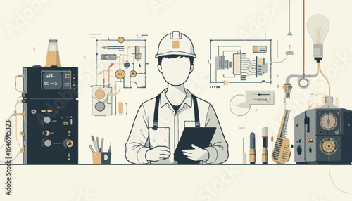 Flat Vector Illustration -  An electrical engineer with circuit diagrams, cables, and tools, no visible face, flat design, isolated on white background