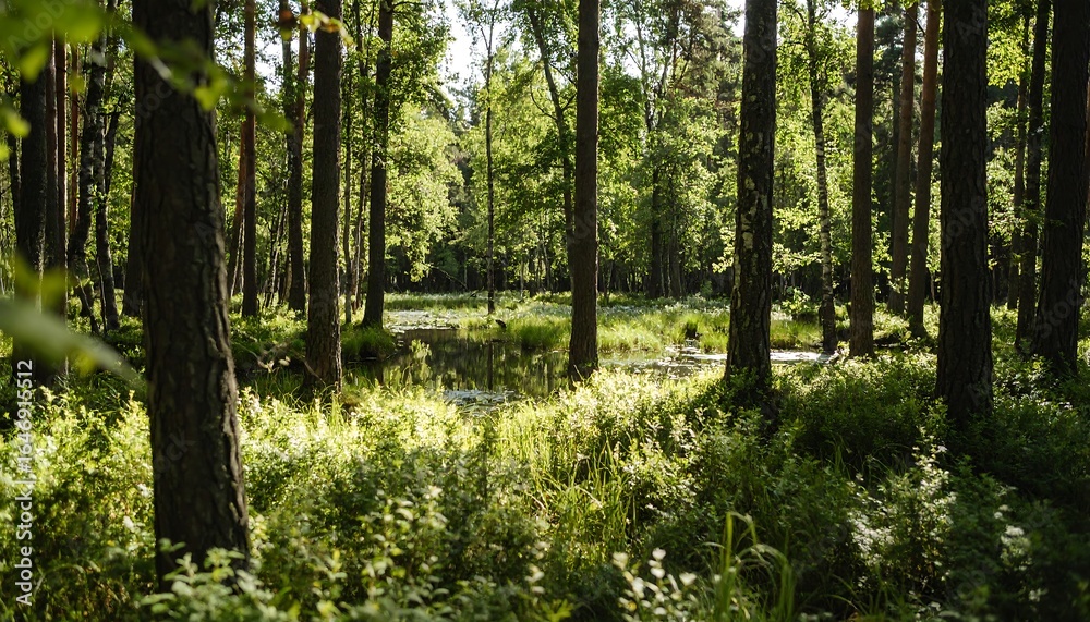 Obraz premium Lush forest with a still pond