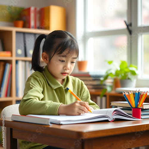 Education concept. Asian student child  girl concentrate to do the homework after school time. Kid learning, practicing and review the lessen for better understanding.