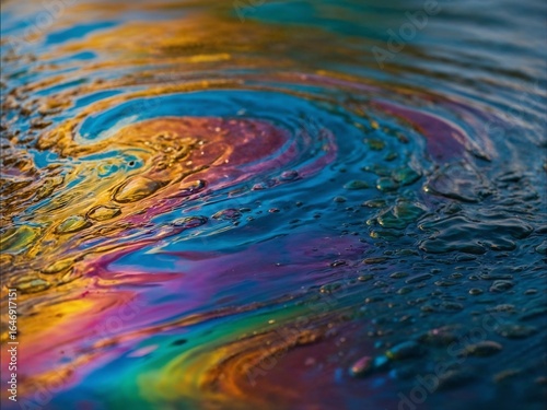 Close-up of Iridescent Oil Spill Patterns on Water Surface