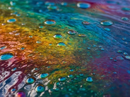 Close-up of Iridescent Oil Spill Patterns on Water Surface