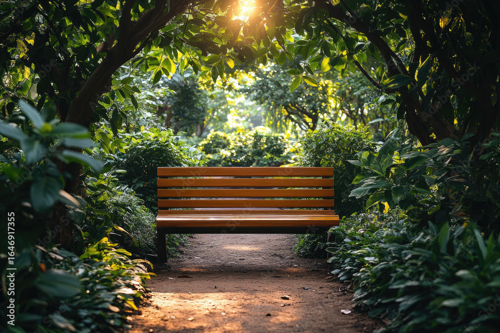 Obraz premium Peaceful Wooden Bench Framed by Dense Leafy Trees