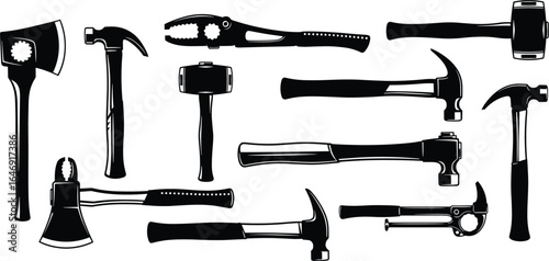 Essential hand tools collection, axes, hammers, pliers, wrenches, black and white silhouettes, construction equipment, carpentry gear, DIY repair, vector illustration