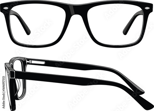 Eyeglasses front and side view, black rectangular frame, lens and hinge detail, fashion accessory, optical design, vector illustration set