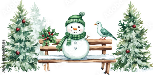 Watercolor Winter Scene with Snowman Bird and Christmas Trees