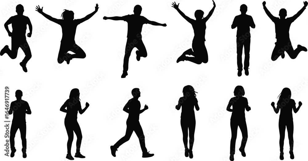 Human silhouette illustration, jumping walking running poses, black vector icons, dynamic movement, motion study, animation design, standing figures, active people Human silhouette illustration, jumping walking running poses, black vector icons, dynamic movement, motion study, animation design, standing figures, active people
