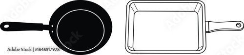 Kitchen pan illustration, frying pan, baking pan, round and rectangular shapes, black and white design, cooking tools, vector icon, utensil layout
