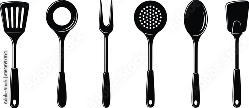 Kitchen utensil illustration, slotted spatula, egg ring, carving fork, skimmer spoon, cooking tools, food prep, vector design, isolated layout