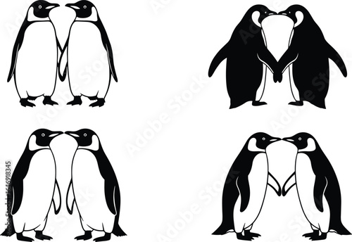 Penguin pairs, black and white, affectionate pose, flipper touch, beak contact, animal interaction, wildlife love, vector art, cute birds, silhouette illustration