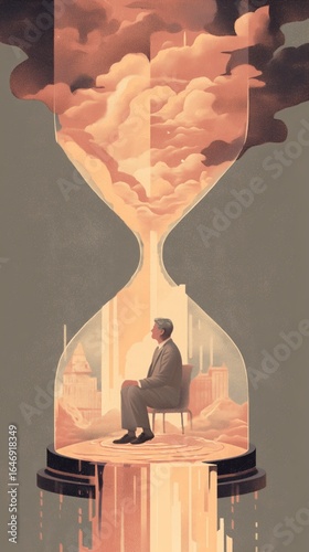 Giant hourglass with a man sitting inside the lower chamber, gazing upward thoughtfully as sand pours down from the upper chamber. Concept of fleeting time and life’s limitations. 