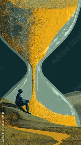 Giant hourglass with a man sitting inside the lower chamber, gazing upward thoughtfully as sand pours down from the upper chamber. Concept of fleeting time and life’s limitations. 