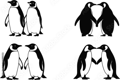 Penguin pairs, black and white, flipper touch, heart shape, animal interaction, cute birds, wildlife love, vector art, silhouette illustration, emotional pose