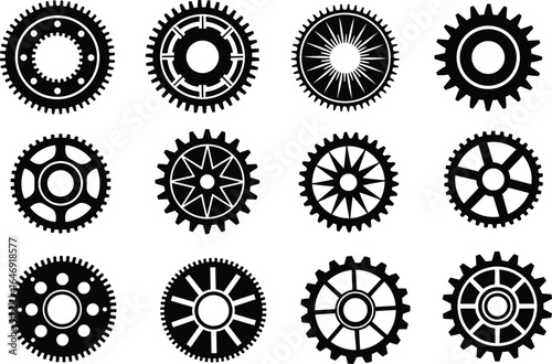 Set of 12 gear icons, mechanical vector design, industrial engineering parts, black and white illustration, cogwheel shapes, technology, decor, symbol