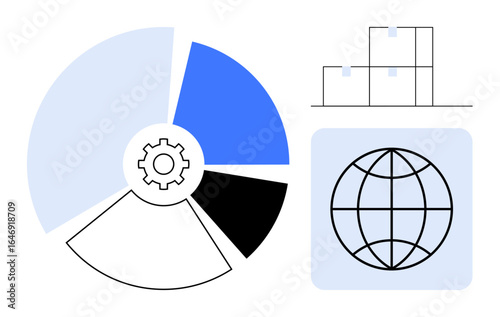 Pie chart with settings gear, grid of stacked boxes, and globe icon. Ideal for management, analytics, planning, logistics, global reach process efficiency innovation. Minimal flat metaphor