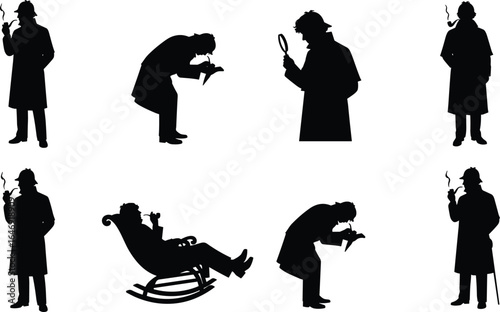 Silhouette of Sherlock Holmes, detective poses, magnifying glass, pipe, rocking chair, mystery, investigation, classic literature, Victorian era, icon