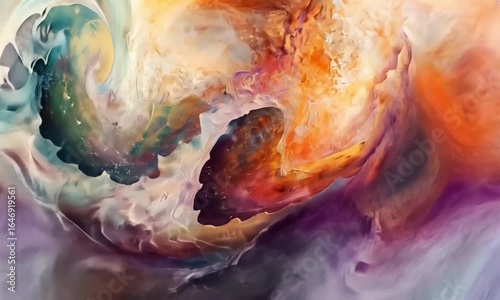 Abstract painting featuring swirling colors of orange, blue, purple, and white in a fluid motion