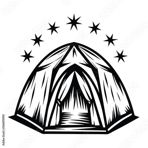 Camping Tent with Stars Above Isolated on White Background in Minimalist Style