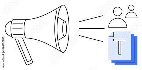 Megaphone projecting sound lines towards two user icons and text documents symbolizing messaging, outreach, and content delivery. Ideal for marketing, communication, announcements, digital media