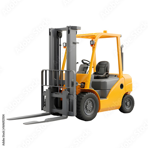 Detailed 3D Rendering of a Yellow Forklift Truck Isolated on Transparent Background 