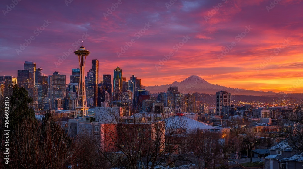 Obraz premium Seattle skyline at sunrise, vibrant colors