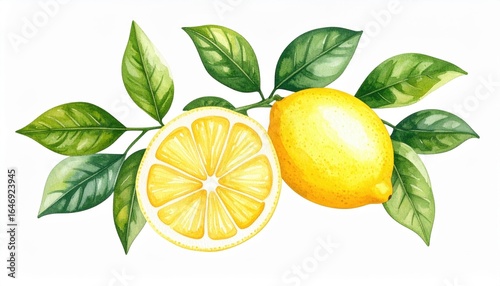 Watercolor Illustration Of Fresh Lemons With Leaves