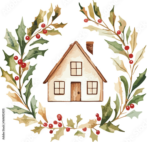 Watercolor House Surrounded by a Festive Holly Berry Wreath Illustration
