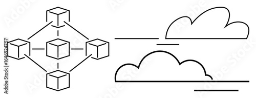Interconnected cubes linked with lines beside cloud shapes. Ideal for technology, cloud computing, networking, decentralized systems, data sharing, innovation, and connectivity as a simple flat